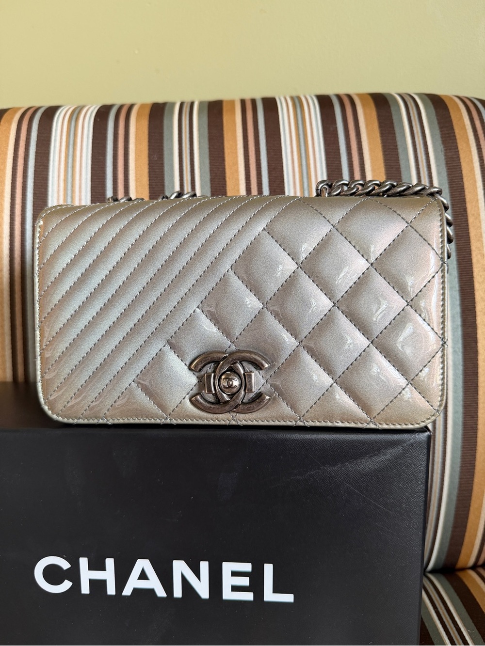 Chanel Coco Boyd Quilted Patent Leather Flap Bag in Dark Gray